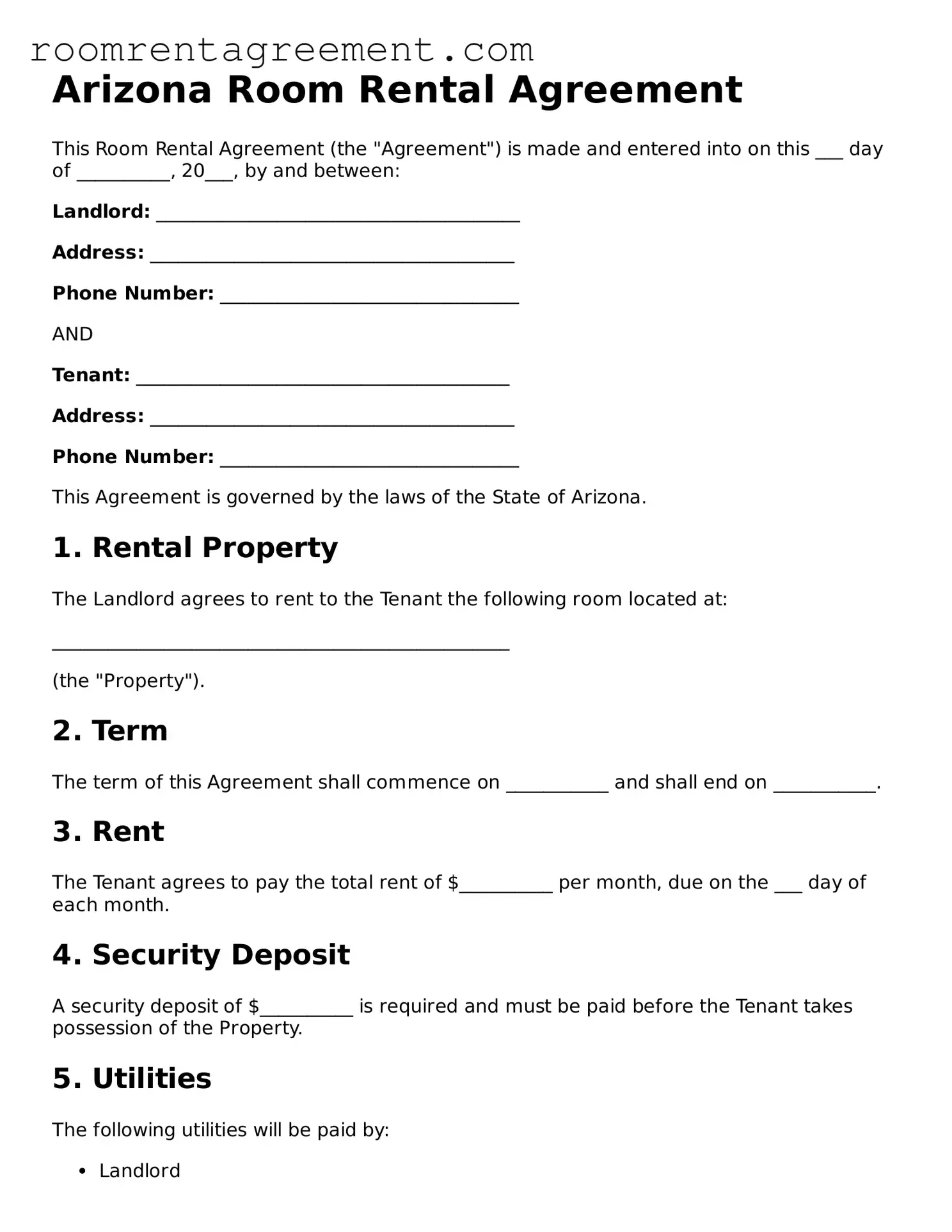 Legal  Room Rental Agreement Form for Arizona