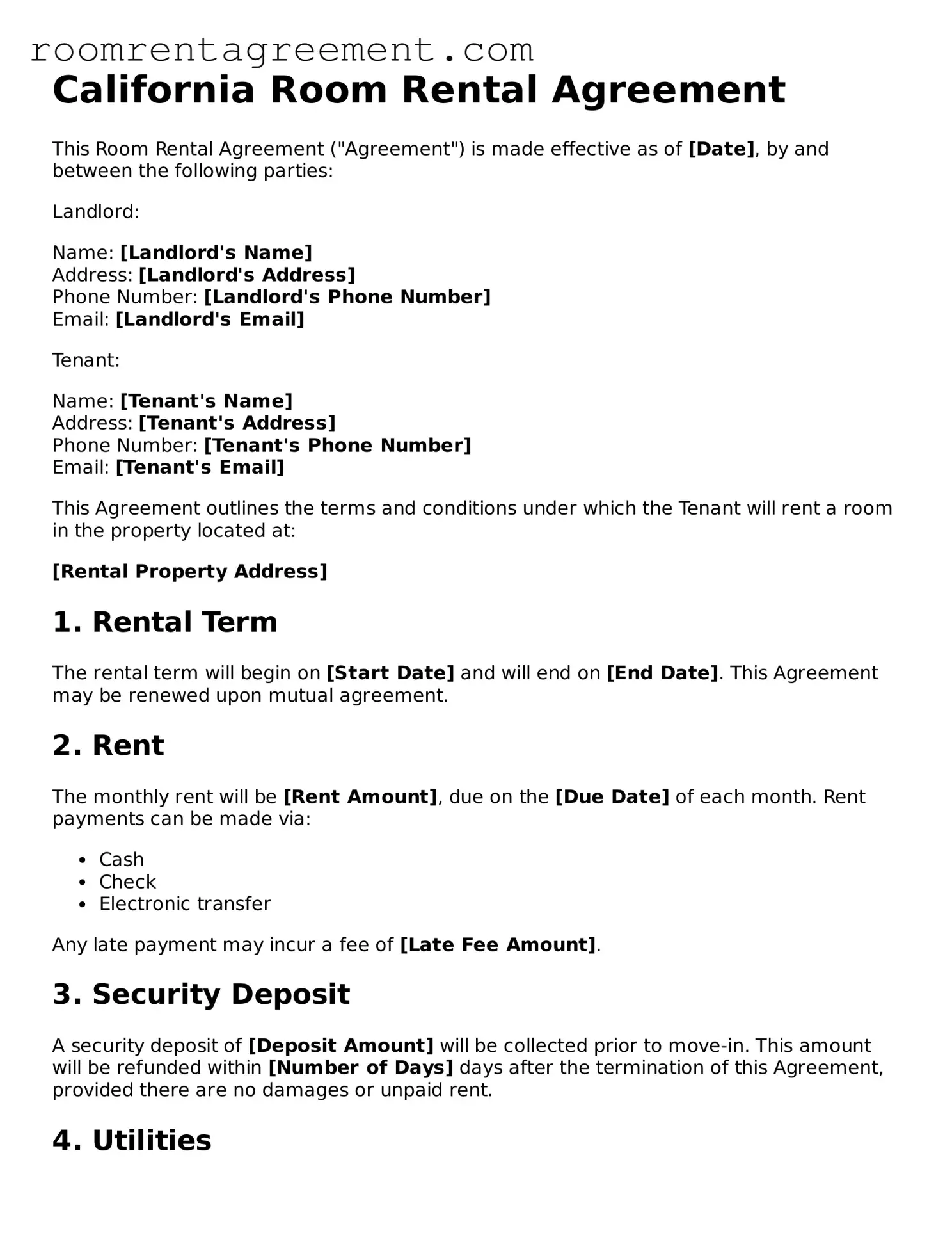 Legal  Room Rental Agreement Form for California