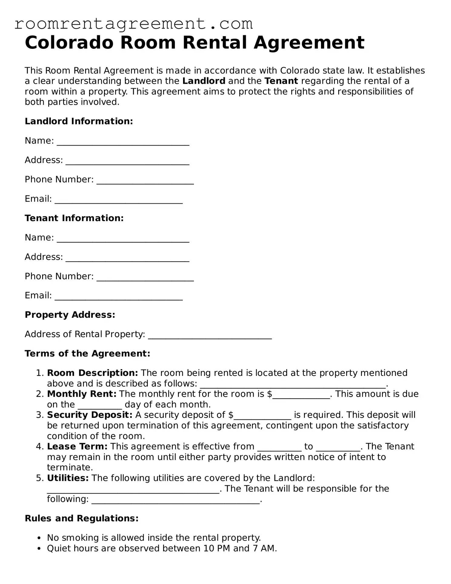 Legal  Room Rental Agreement Form for Colorado