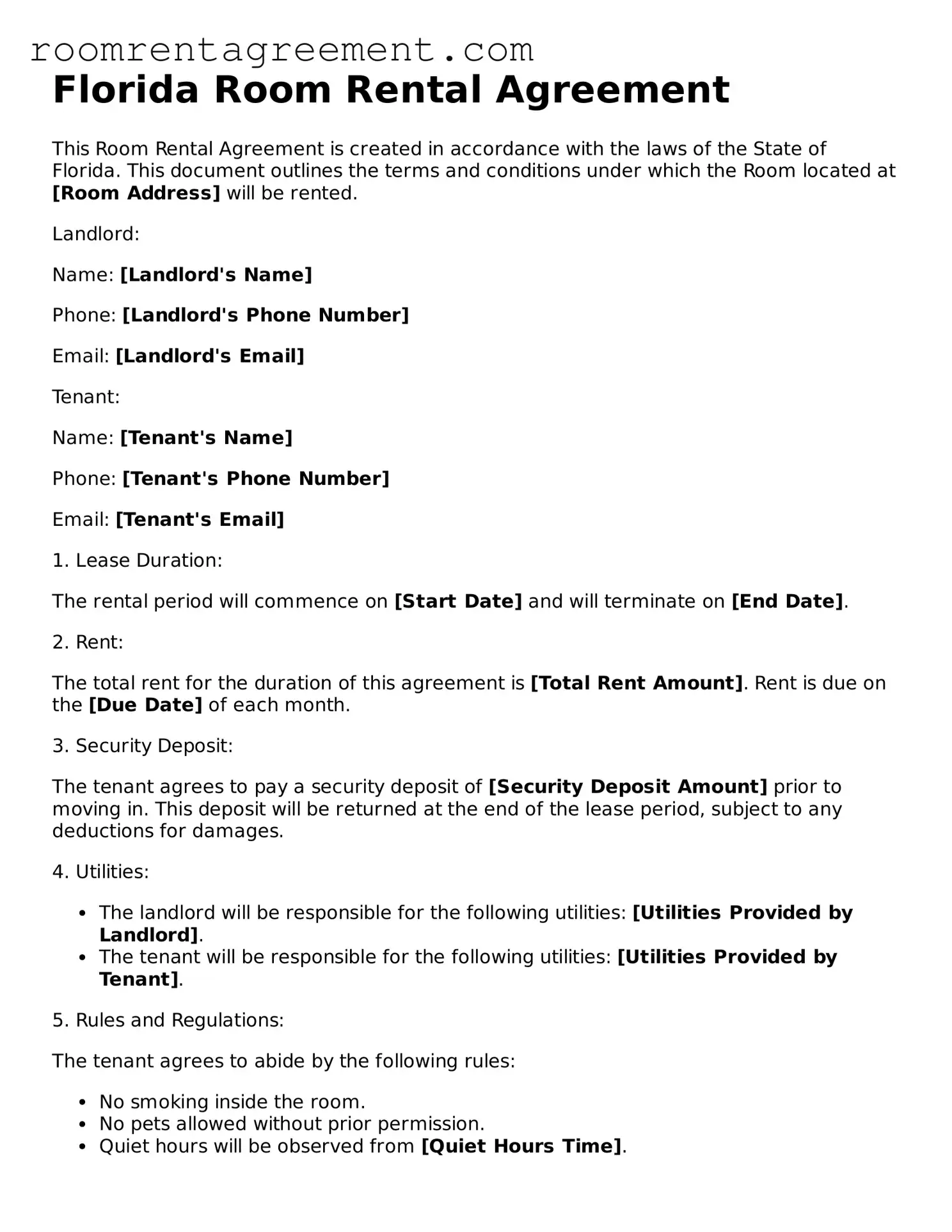 Legal  Room Rental Agreement Form for Florida