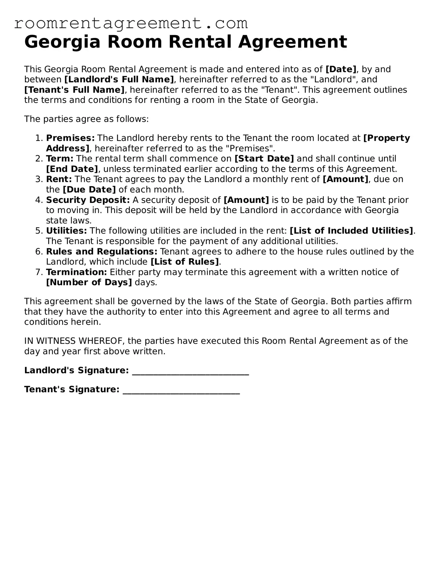 Legal  Room Rental Agreement Form for Georgia