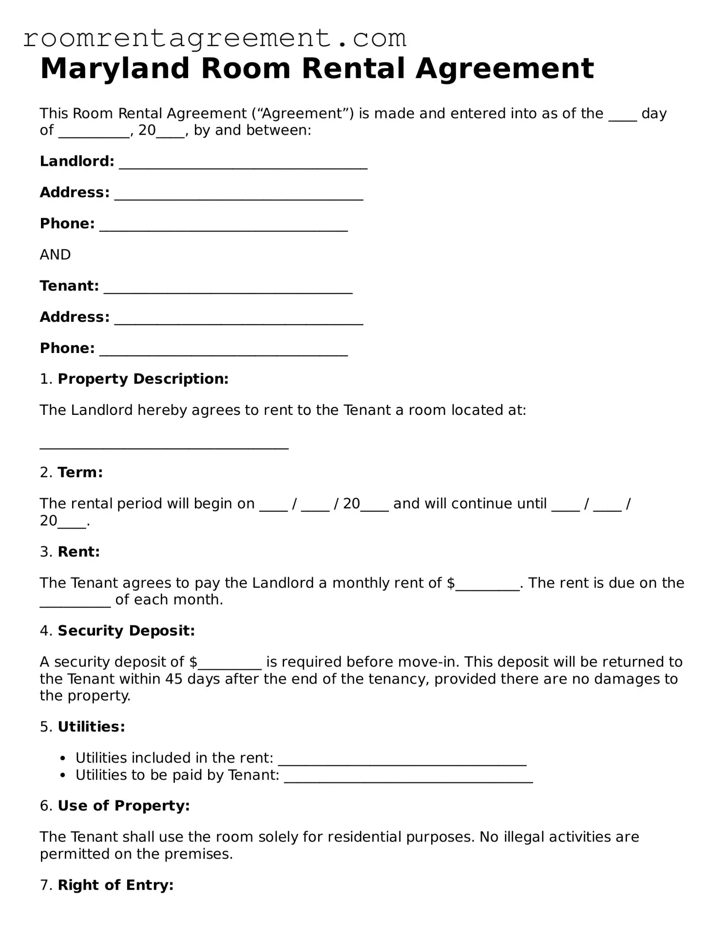 Legal  Room Rental Agreement Form for Maryland