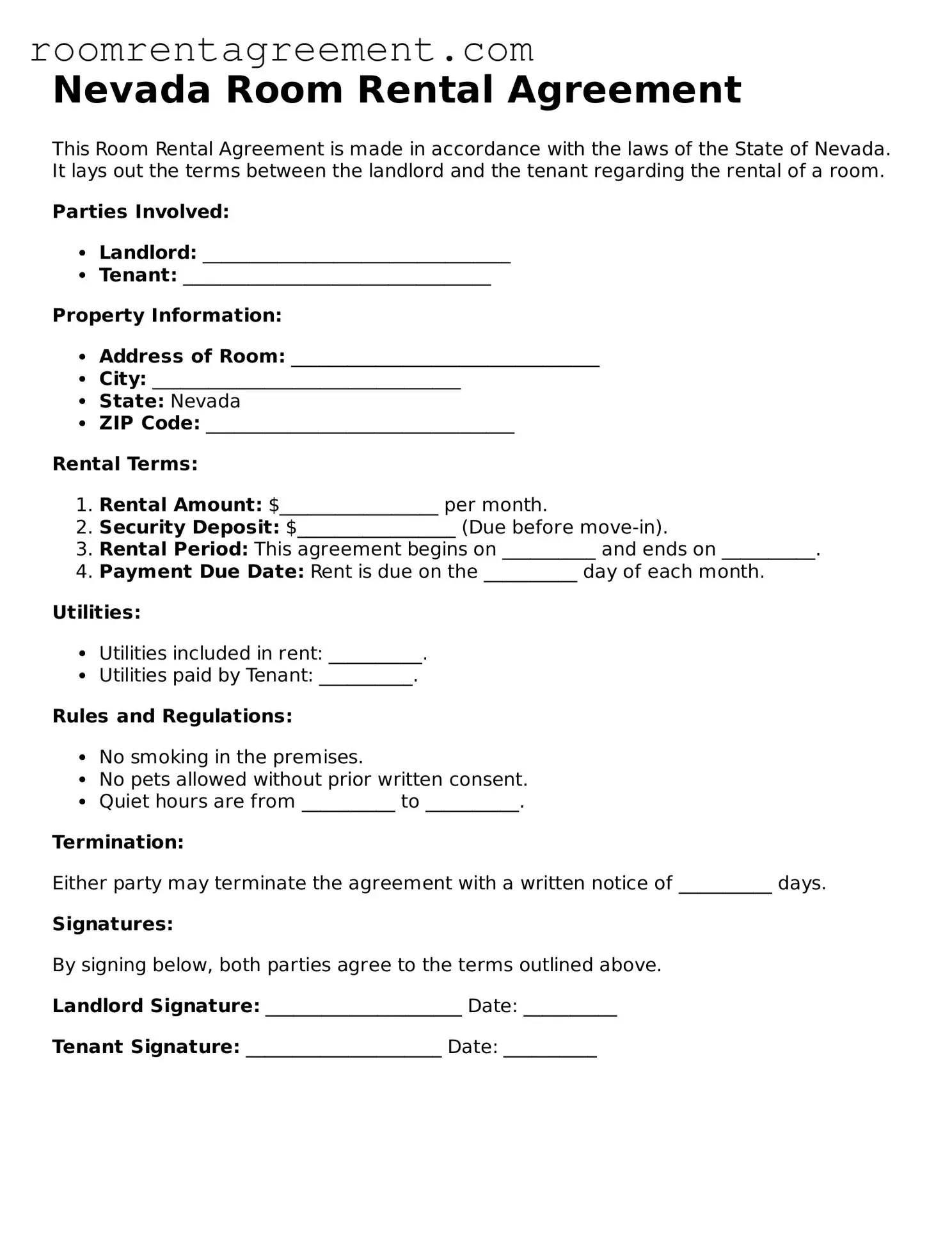 Legal  Room Rental Agreement Form for Nevada
