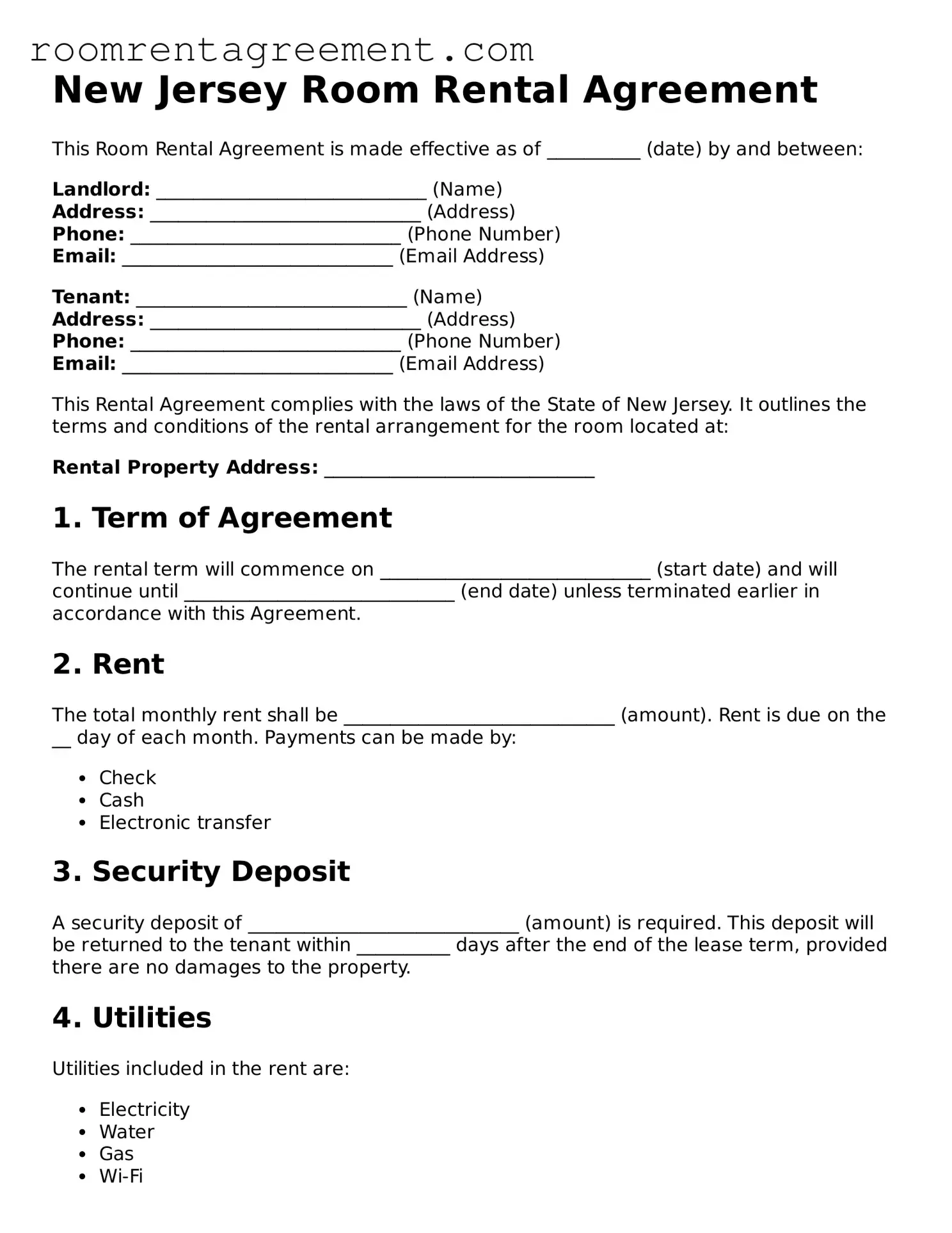 Legal  Room Rental Agreement Form for New Jersey