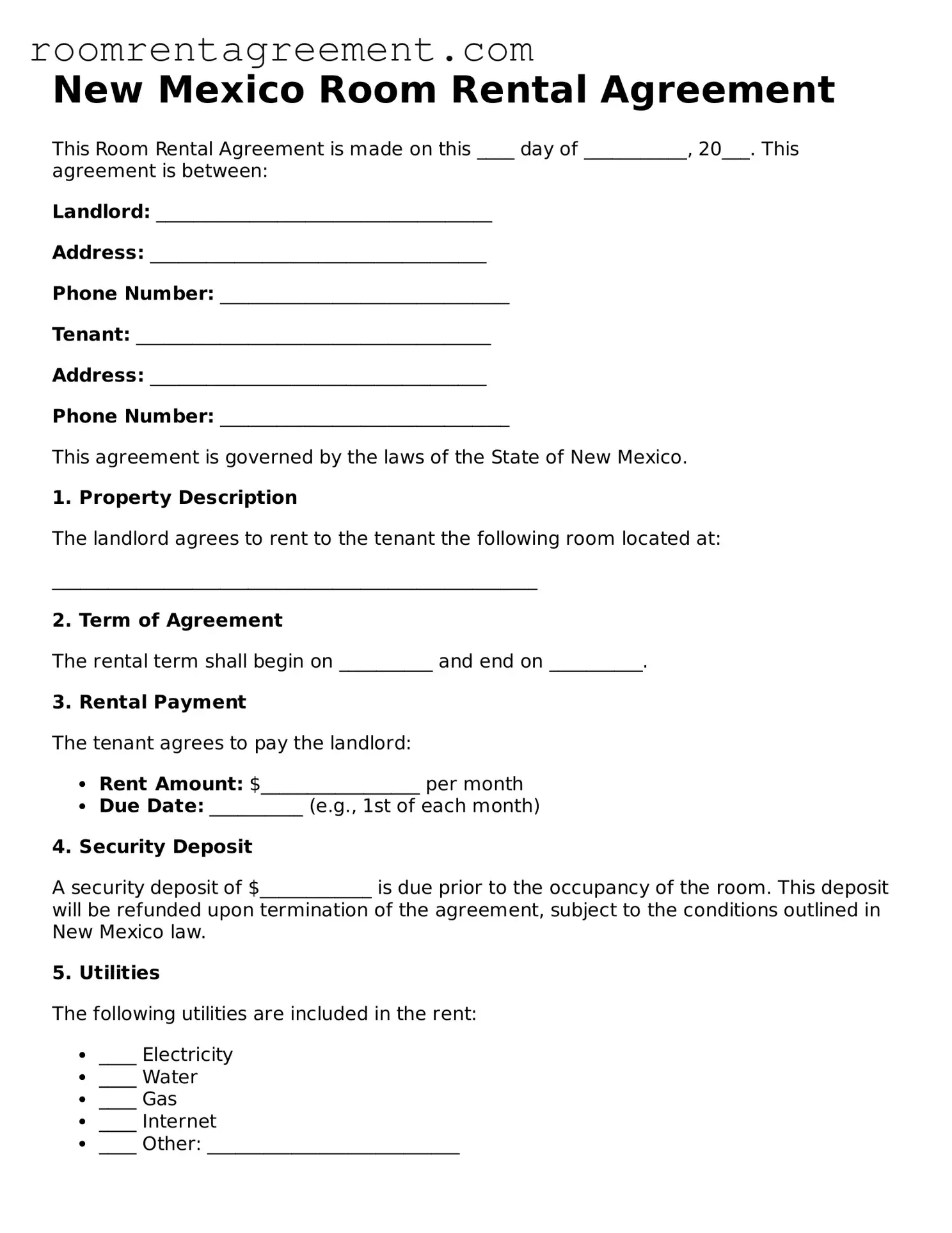 Legal  Room Rental Agreement Form for New Mexico
