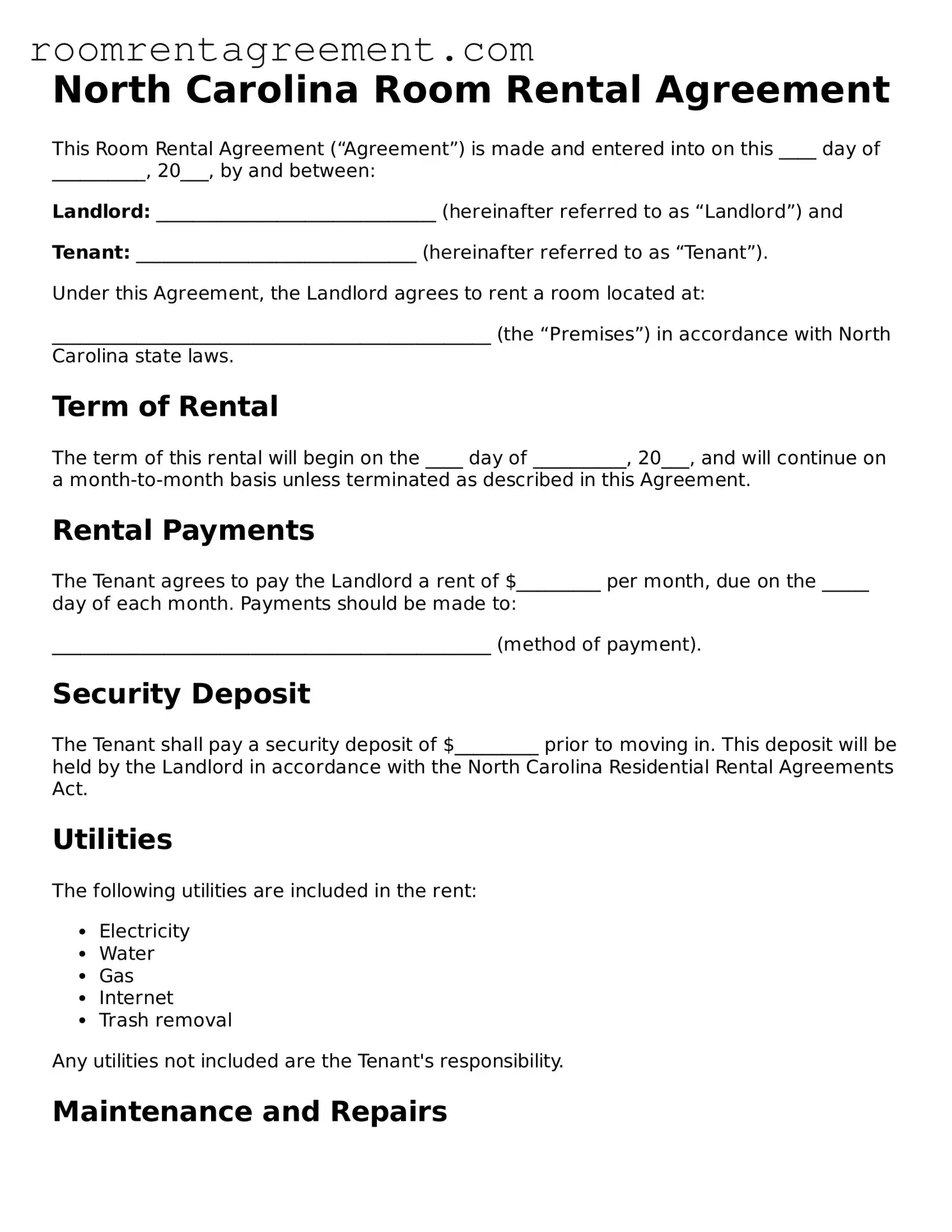 Legal  Room Rental Agreement Form for North Carolina