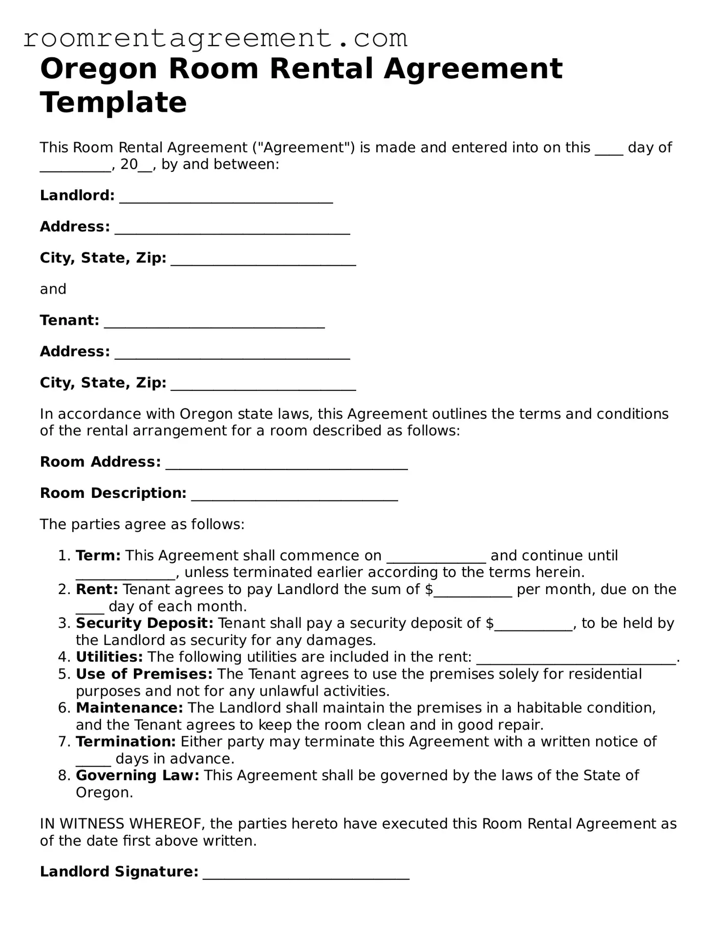 Legal  Room Rental Agreement Form for Oregon