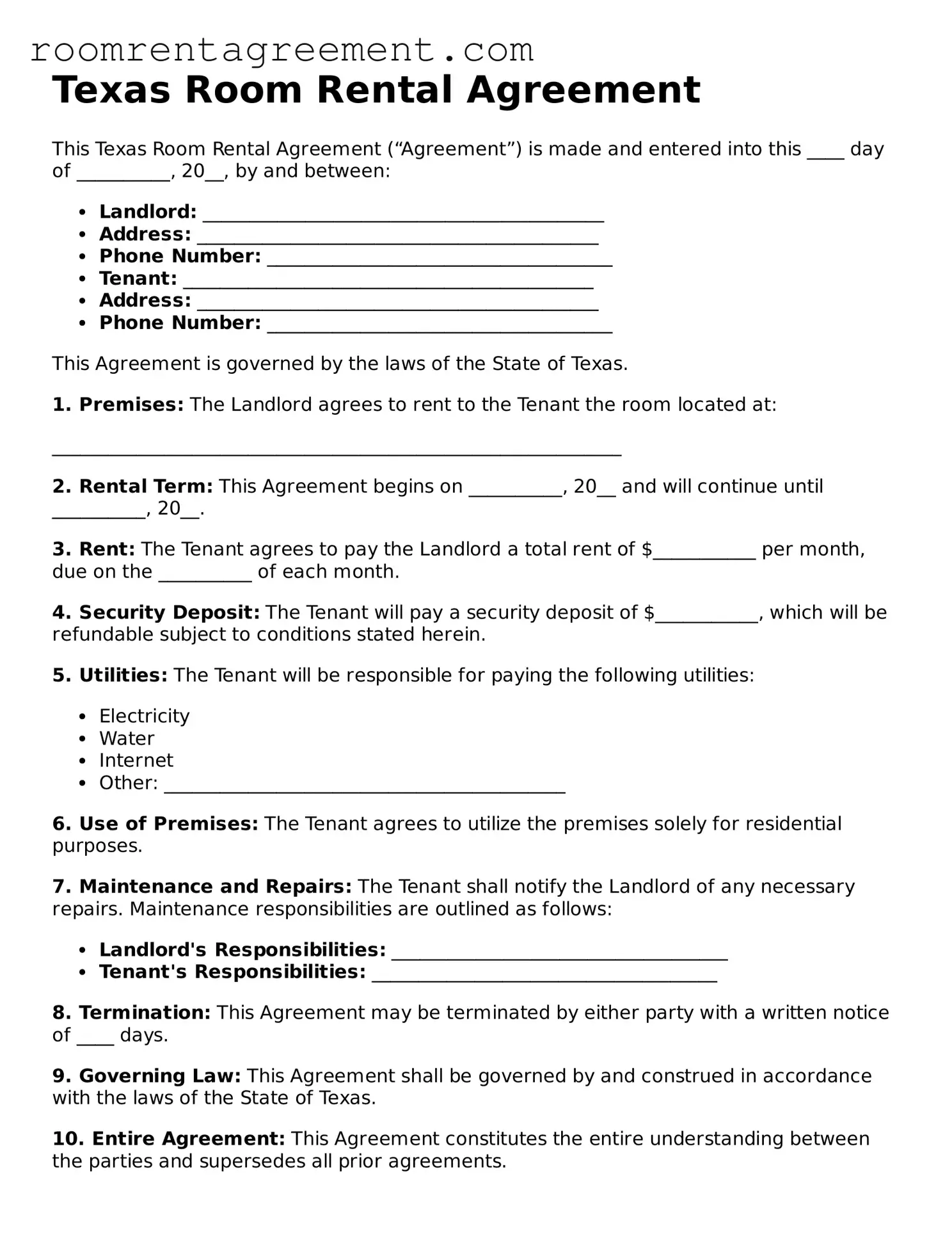 Legal  Room Rental Agreement Form for Texas