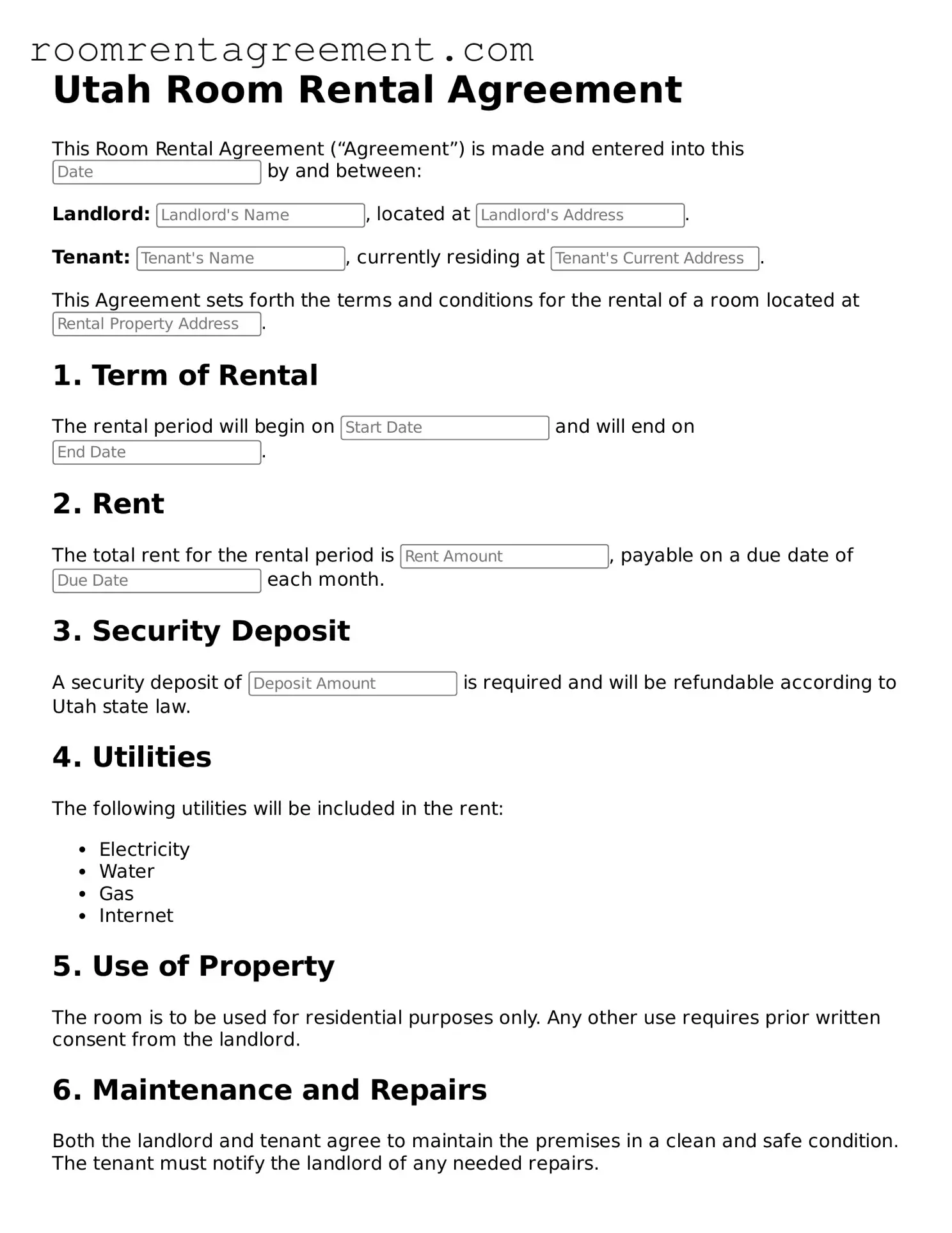 Legal  Room Rental Agreement Form for Utah