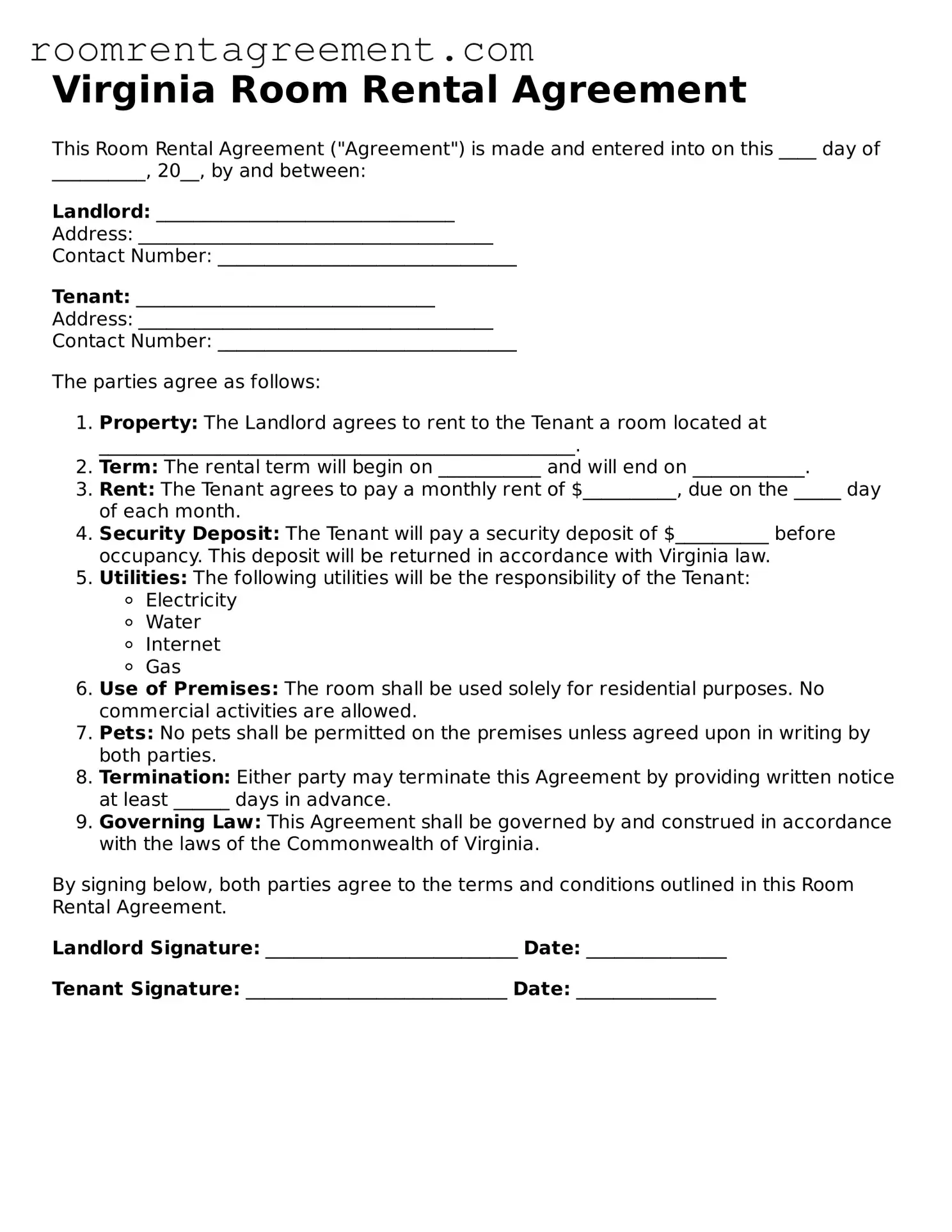 Legal  Room Rental Agreement Form for Virginia