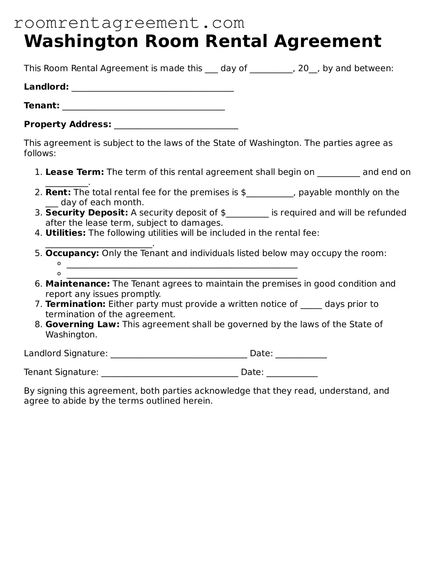 Legal  Room Rental Agreement Form for Washington
